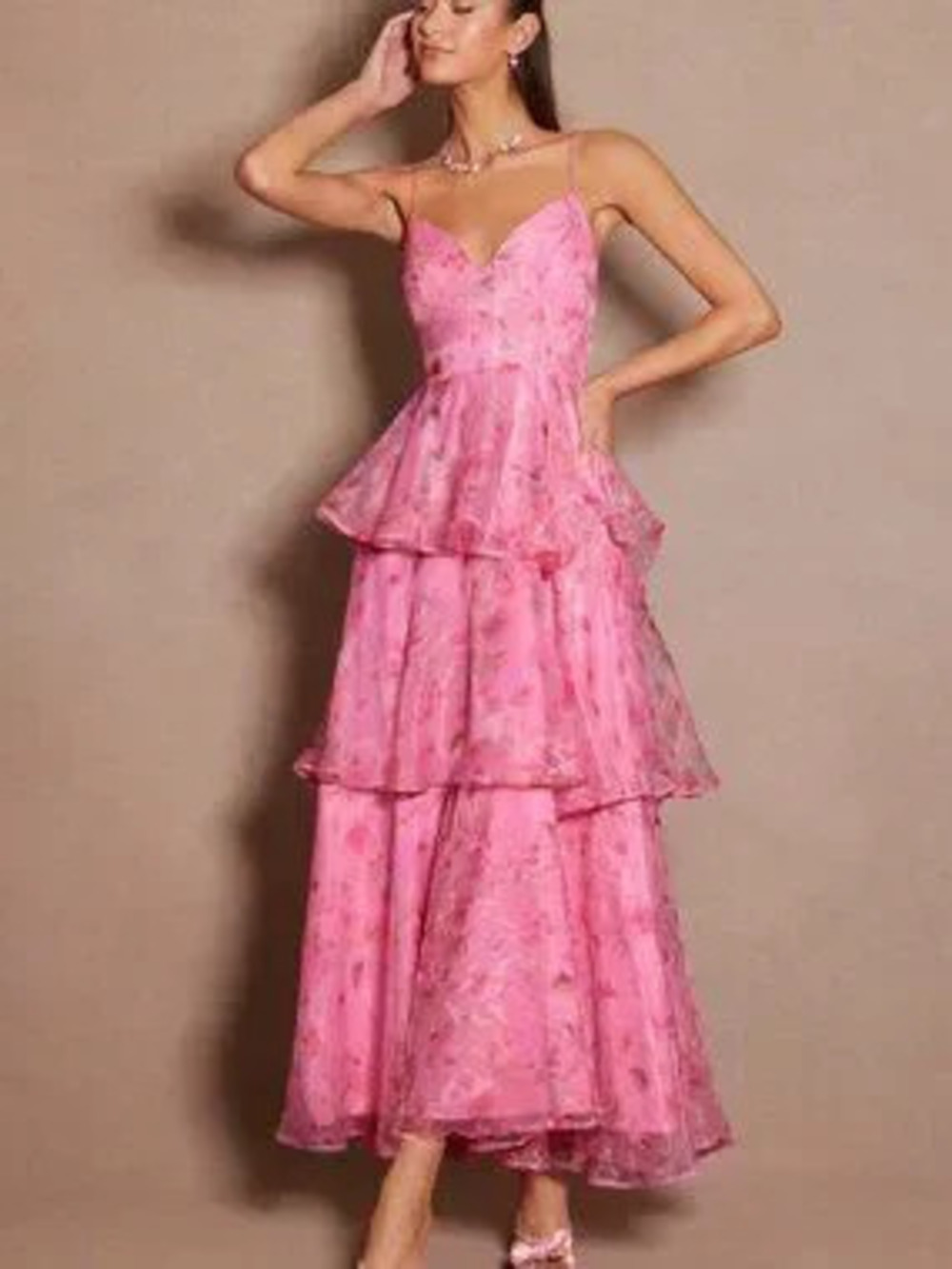 ZARA Pink Elegant Women's Floral Print Layered Ruffle Hem Spaghetti Strap Dress